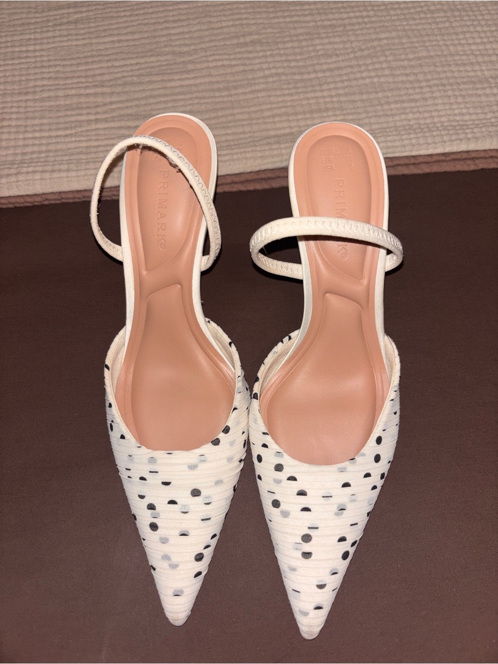 Primark White Polka Dot Pointed Slingback Heels with Black Dots